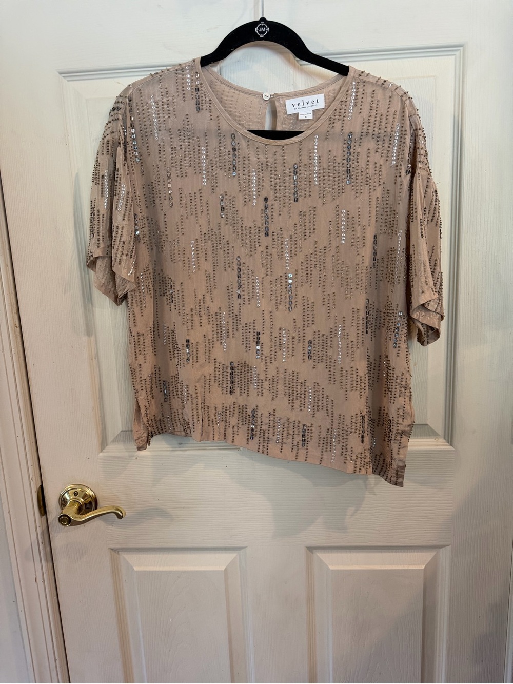 Velvet Nude Sequin Short Sleeve Blouse